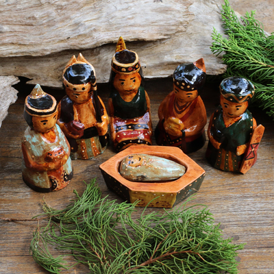 Wood nativity scene, 'Dayak Nativity' (6 pieces) - Borneo Style Wood Nativity Scene (6 Pieces)