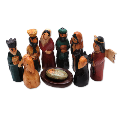 Wood nativity scene, 'Christ was Born' (9 pcs) - Handmade Wood Nativity Scene (9 Pieces)