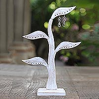 Wood jewelry holder, 'Daun Salam in White' (14 inch) - Jempinis Wood Leaf-Themed Jewelry Holder from Bali (14 Inch)