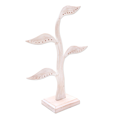 Wood jewelry holder, 'Daun Salam in White' (14 inch) - Jempinis Wood Leaf-Themed Jewelry Holder from Bali (14 Inch)