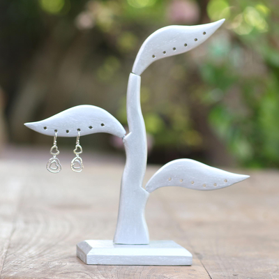 Wood jewelry holder, 'Daun Salam in Silver' (10 inch) - Silver Jempinis Wood Leaf-Themed Jewelry Holder (10 Inch)