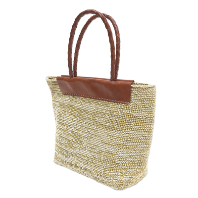 Cotton and leather tote bag, 'Quick Trip' - Hand Crafted Cotton and Leather Tote Bag from Bali