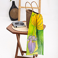 Handbemalter Seidenschal, „Banana Bunch“ – handbemalter Schal aus Seidenchiffon mit Bananenmotiv