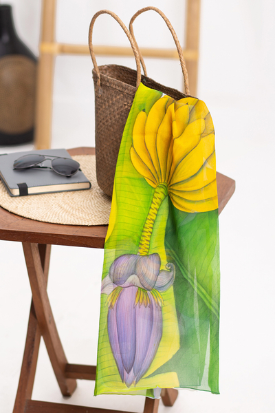 Mantón de seda pintado a mano - Mantón de chifón de seda pintado a mano con motivos de plátanos