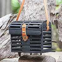Bamboo sling bag, 'Enclosure in Black' - Handmade Black Bamboo Sling Bag