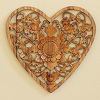 Wood relief wall panel, 'Love Flower' - Hand Carved Suar Wood Heart Relief Panel with Floral Motif