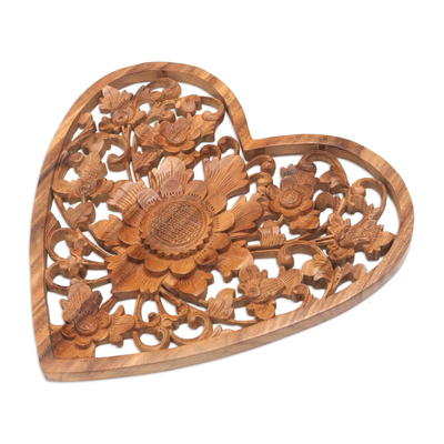 Wood relief wall panel, 'Love Flower' - Hand Carved Suar Wood Heart Relief Panel with Floral Motif