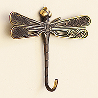 Bronze wall hook, 'Golden Dragonfly' - Hand Cast Bronze Dragonfly Wall Hook