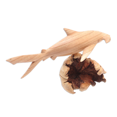 Wood sculpture, 'Swimming Hammerhead' - Hand Carved Jempinis Wood Hammerhead Shark Sculpture