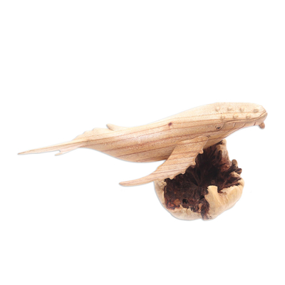 Wood sculpture, 'Swimming Grey Whale' - Hand Crafted Jempinis Wood Grey Whale Sculpture