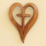 Hand Carved Suar Wood Relief Panel Heart Cross, 'Cross My Heart'