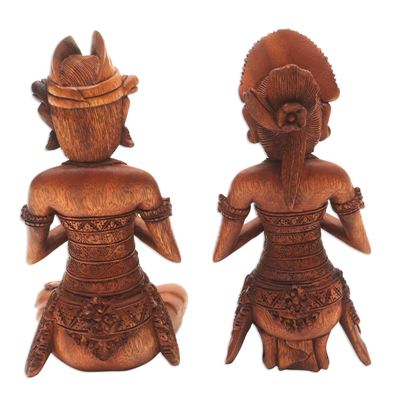 Esculturas de madera, (pareja) - Esculturas de pareja balinesas de madera de suar talladas a mano (par)