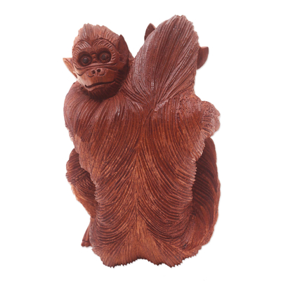 Suar wood statuette, 'My Brother' - Artisan Made Suar Wood Monkey Statuette