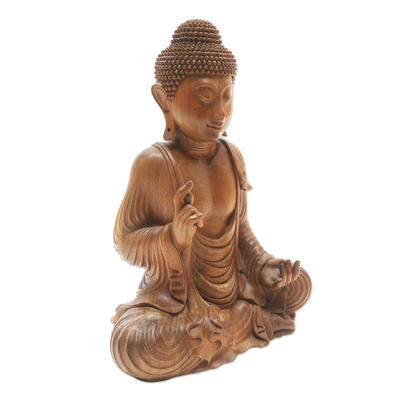 Wood sculpture, 'Karana Buddha' - Hand Carved Suar Wood Buddha Sculpture