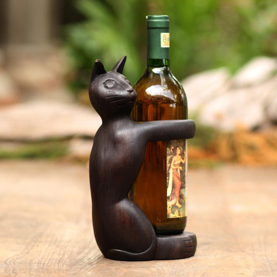 Weinhalter aus Suar-Holz - Handgefertigter Katzen-Weinhalter aus Suar-Holz