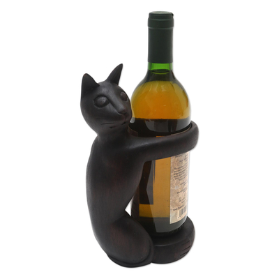 Suar wood wine holder, 'Black Cat Hug' - Hand Crafted Suar Wood Cat Wine Holder