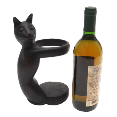 Weinhalter aus Suar-Holz - Handgefertigter Katzen-Weinhalter aus Suar-Holz