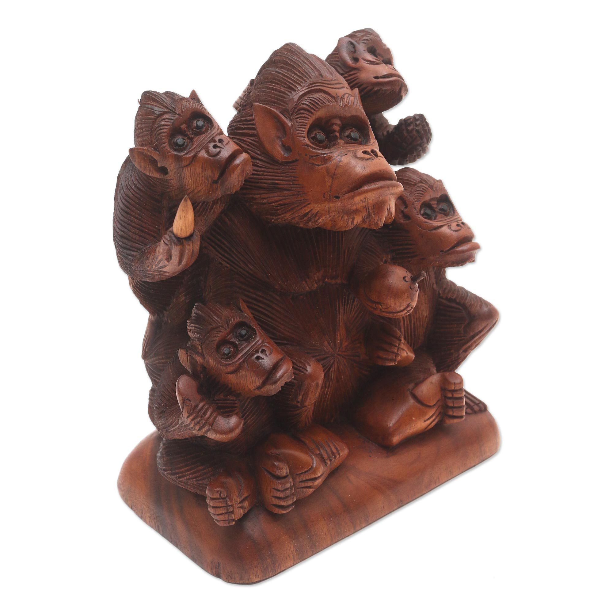 Hand Carved Suar Wood Monkey Family Sculpture Monkey Family NOVICA