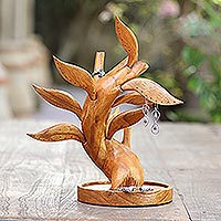 Wood Jewellery stand, 'Giving Tree' - Hand Carved Wood Tree Jewellery Stand