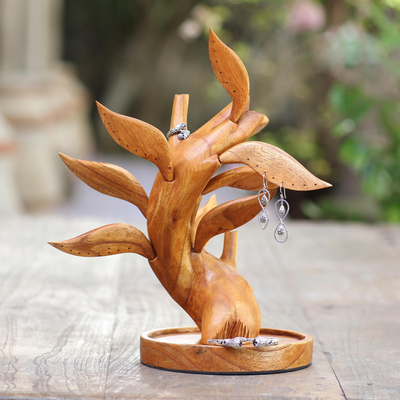 Wood jewelry stand, 'Giving Tree' - Hand Carved Wood Tree Jewelry Stand
