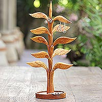Soporte de joyería de madera, 'Towering Tree' - Soporte de joyería de árbol de madera tallada a mano