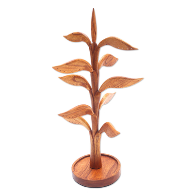 Wood jewelry stand, 'Towering Tree' - Hand Carved Wood Tree Jewelry Stand