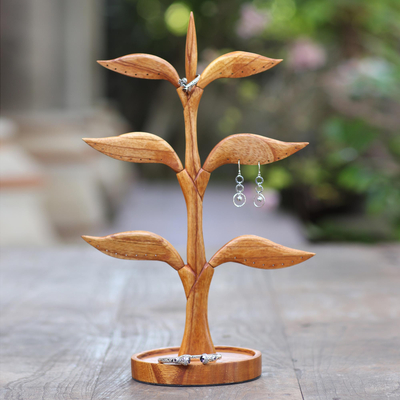 Wood jewelry stand, 'Tall Tree' - Hand Carved Wood Tree Jewelry Stand
