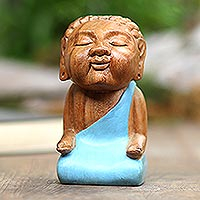 Wood statuette, 'Buddha in Light Blue'