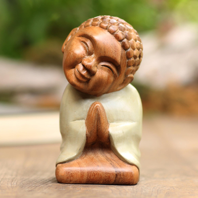 Wood statuette, 'Buddha in Grey' - Indonesian Hand Carved Buddha Statuette