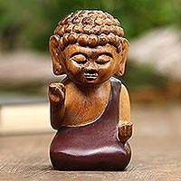 Wood statuette, 'Buddha in Brown' - Indonesian Hand Carved Suar Wood Buddha Statuette