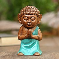 Wood statuette, 'Buddha in Green' - Indonesian Hand Carved Buddha Statuette