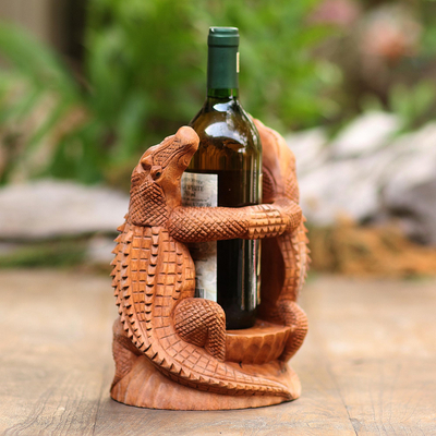 Hand Carved Suar Wood Crocodile Wine Holder - Crocodile Embrace