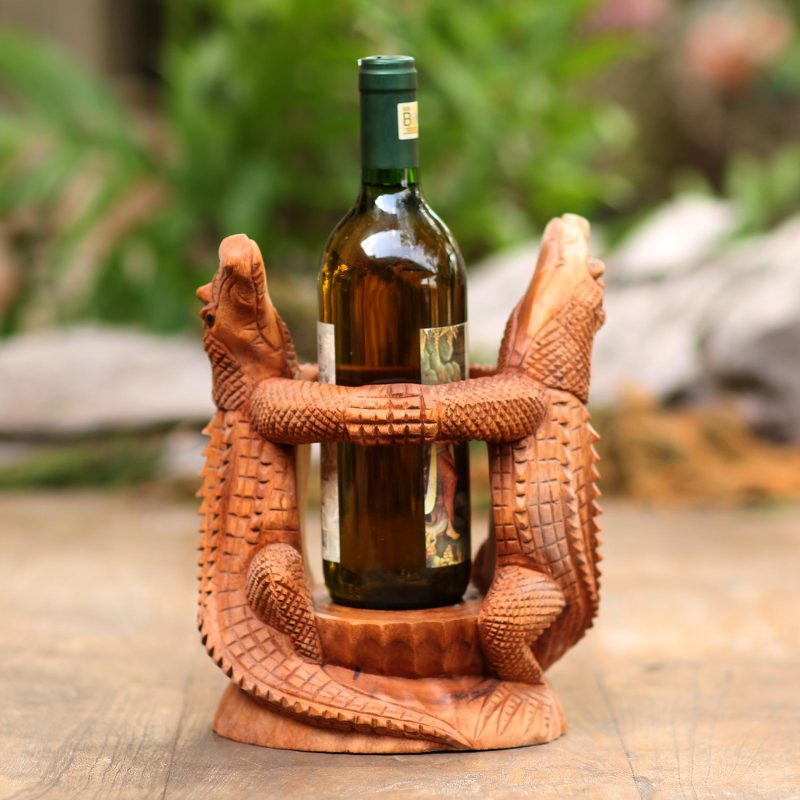 Hand Carved Suar Wood Crocodile Wine Holder, 'Crocodile Embrace'