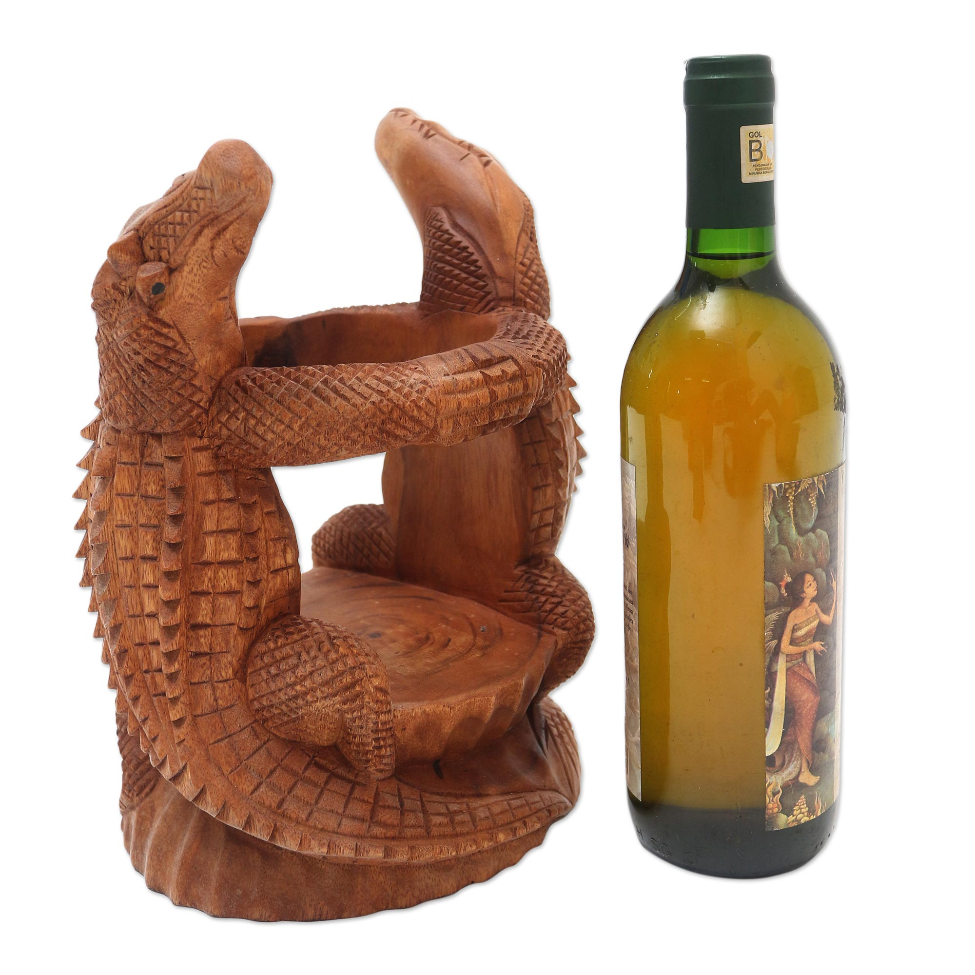 Hand Carved Suar Wood Crocodile Wine Holder - Crocodile Embrace | NOVICA