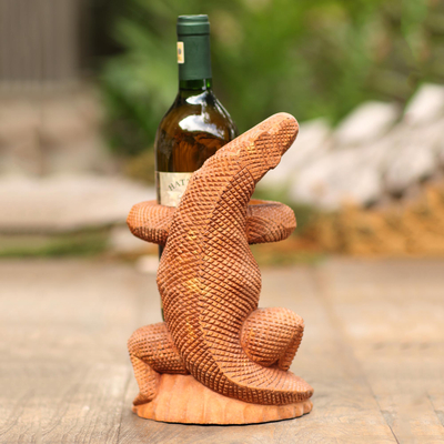Wood wine holder, 'Crocodile Hug' - Signed Suar Wood Crocodile Wine Holder from Bali