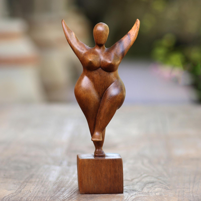 Wood sculpture, 'Curvy and Happy' - Hand Carved Suar Wood Sculpture of the Female Form