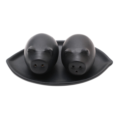 Ceramic salt and pepper set, 'Portly Pigs in Black' - Matte Black Ceramic Pig Salt and Pepper Shakers with Tray