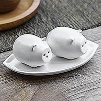 Ceramic salt and pepper set, 'Portly Pigs in White'