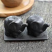 Ceramic salt and pepper set, 'Eager Elephants in Black' - Matte Black Ceramic Elephant Salt and Pepper Set with Tray