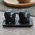 Ceramic salt and pepper set, 'Eager Elephants in Black' - Matte Black Ceramic Elephant Salt and Pepper Set with Tray (image 2b) thumbail