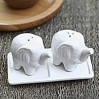 Juego de salero y pimentero de cerámica, 'Eager Elephants in White' - Juego de salero y pimentero de cerámica de elefante blanco mate con bandeja