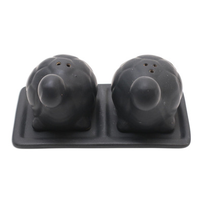Ceramic salt and pepper set, 'Tortoise Friends in Black' - Matte Black Ceramic Turtle Salt and Pepper Shakers with Tray