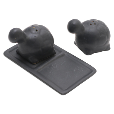 Ceramic salt and pepper set, 'Tortoise Friends in Black' - Matte Black Ceramic Turtle Salt and Pepper Shakers with Tray