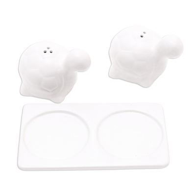 Ceramic salt and pepper set, 'Tortoise Friends in White' - Matte White Ceramic Turtle Salt and Pepper Shakers with Tray