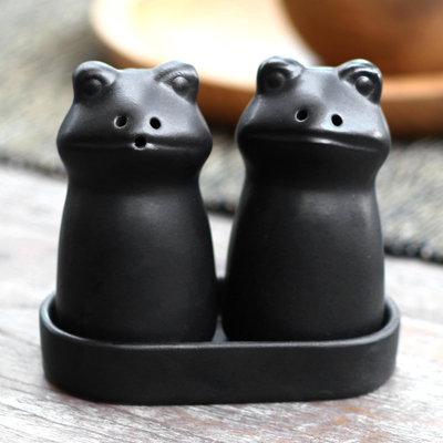 Ceramic salt and pepper set, 'Fanciful Frogs in Black' - Matte Black Ceramic Frog Salt and Pepper Shakers with Tray