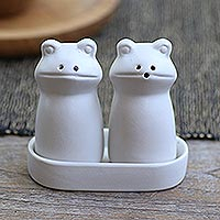 Ceramic salt and pepper set, Fanciful Frogs in White