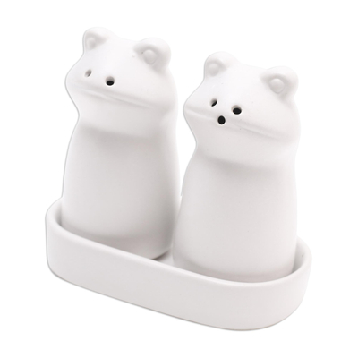 Ceramic salt and pepper set, 'Fanciful Frogs in White' - Matte White Ceramic Frog Salt and Pepper Shakers with Tray