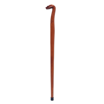Mahogany wood walking stick, 'Snake Head' - Hand Carved Mahogany Wood Snake Walking Stick