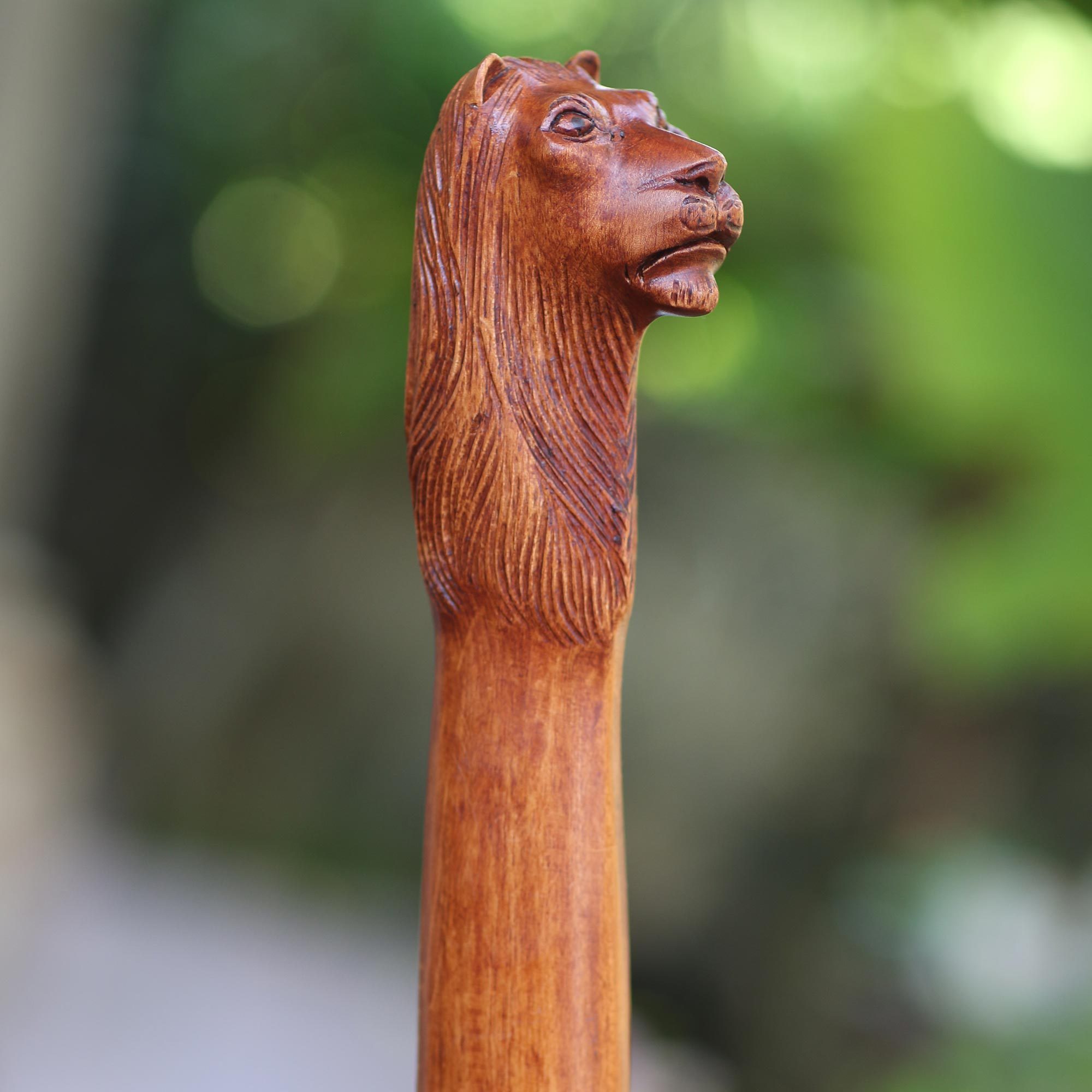 Hand Made Mahogany Wood Lion Walking Stick Lion Head NOVICA