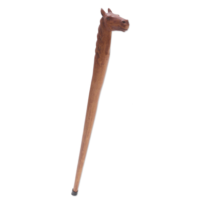 Mahogany wood walking stick, 'Horse Head' - Hand Crafted Mahogany Wood Horse Walking Stick